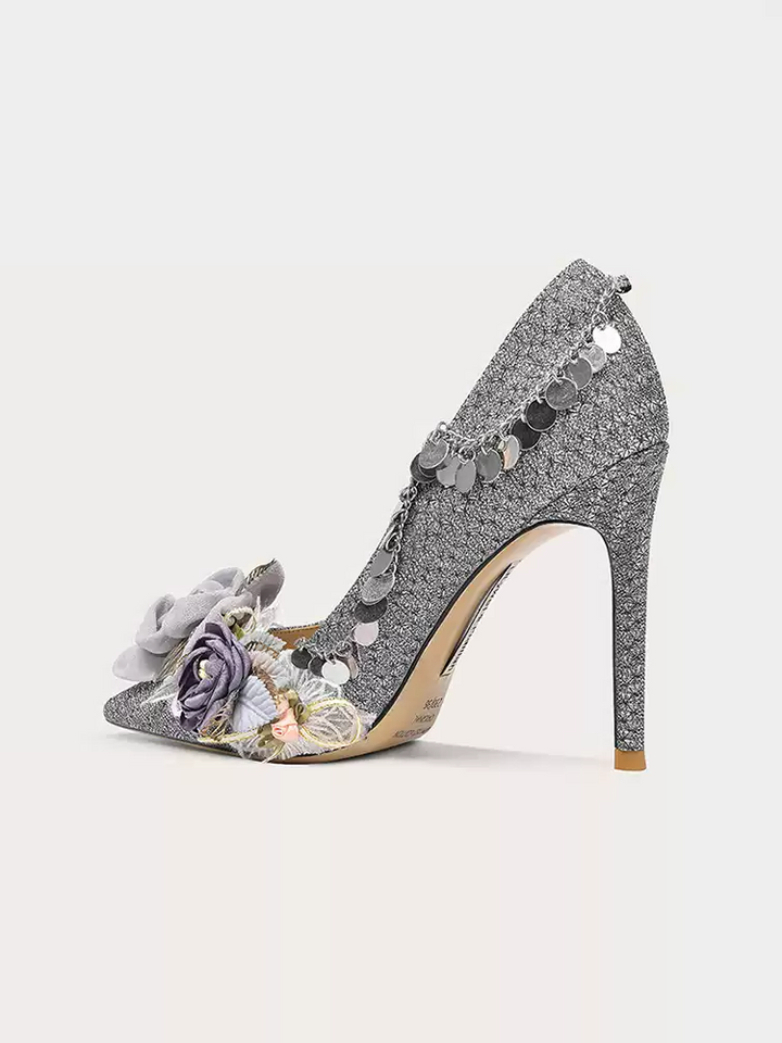 Lolita Floral Glitter High Heels with Elegant Pointed Toe and Stiletto Heel