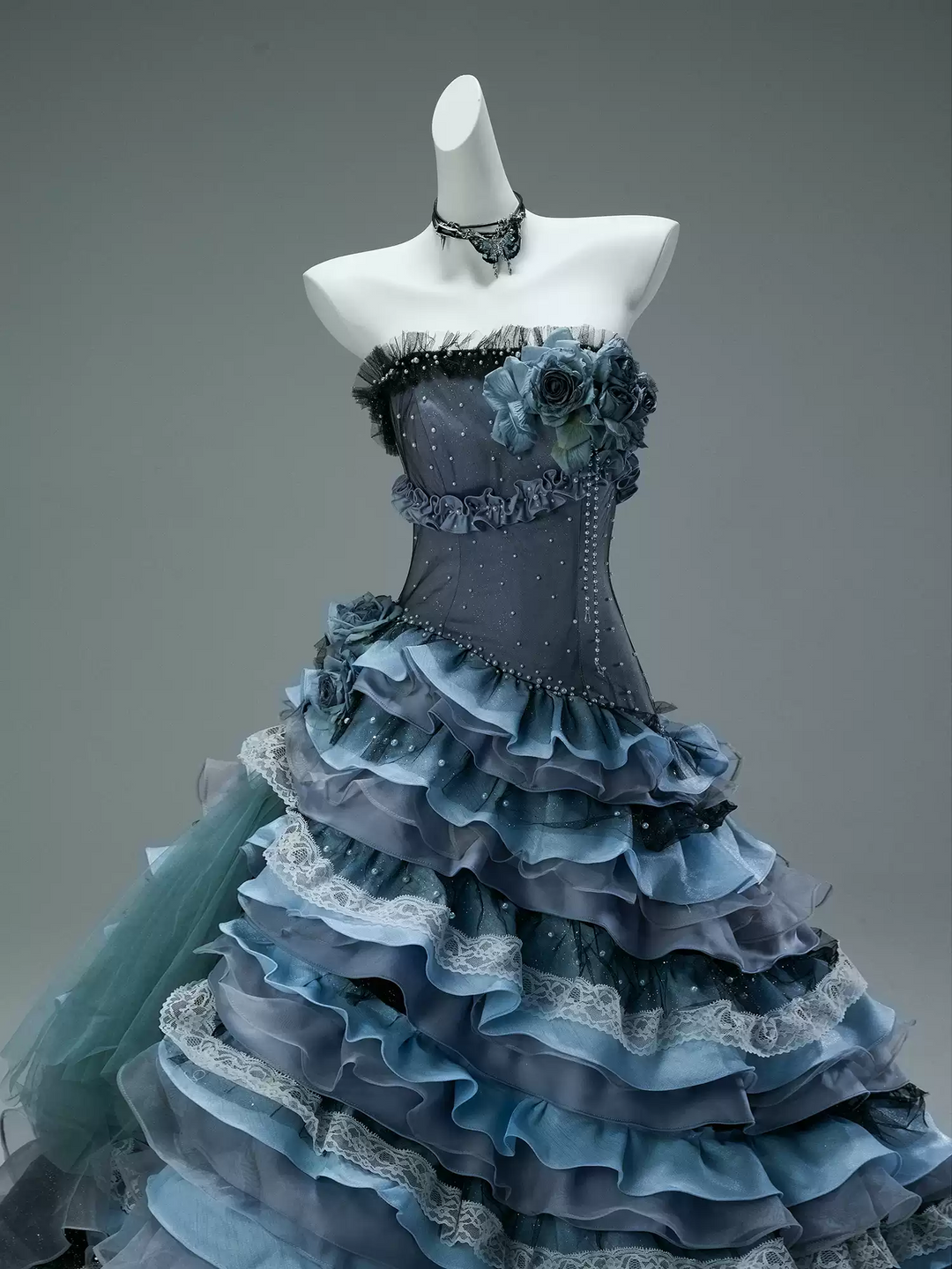 Navy Layered Tulle Ruffle Dress with Corset Bodice – Strapless Evening Dress with Floral Appliqué and Lace Details Plus Size