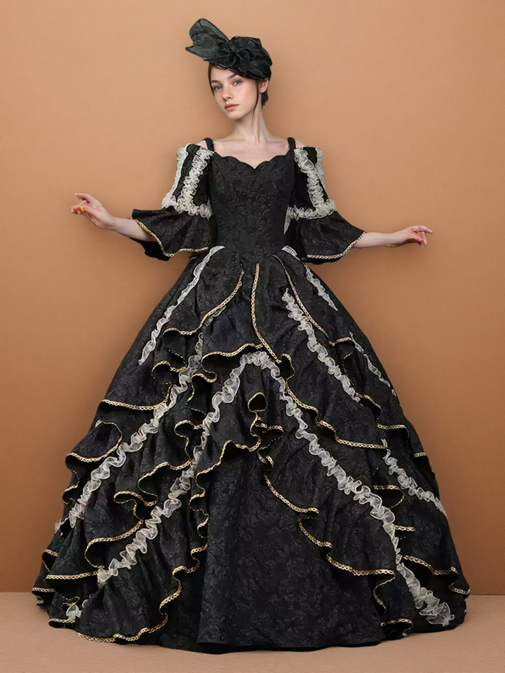 Gothic Black Victorian Ball Gown with Ruffle Cape – Vintage Court Dress with Lace Trim and Statement Hat