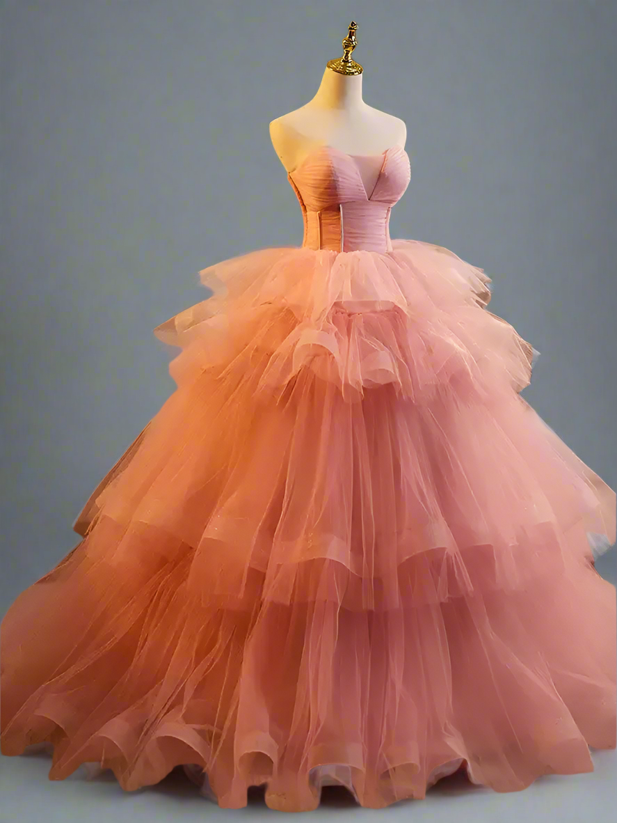 Pink Strapless Evening Ball Gown - Princess Ball Gown with Corset Back - Layered Tulle Ruffle Dress Plus Size