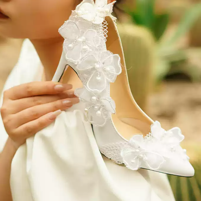 White Lace Bridal High Heels with Beaded Details