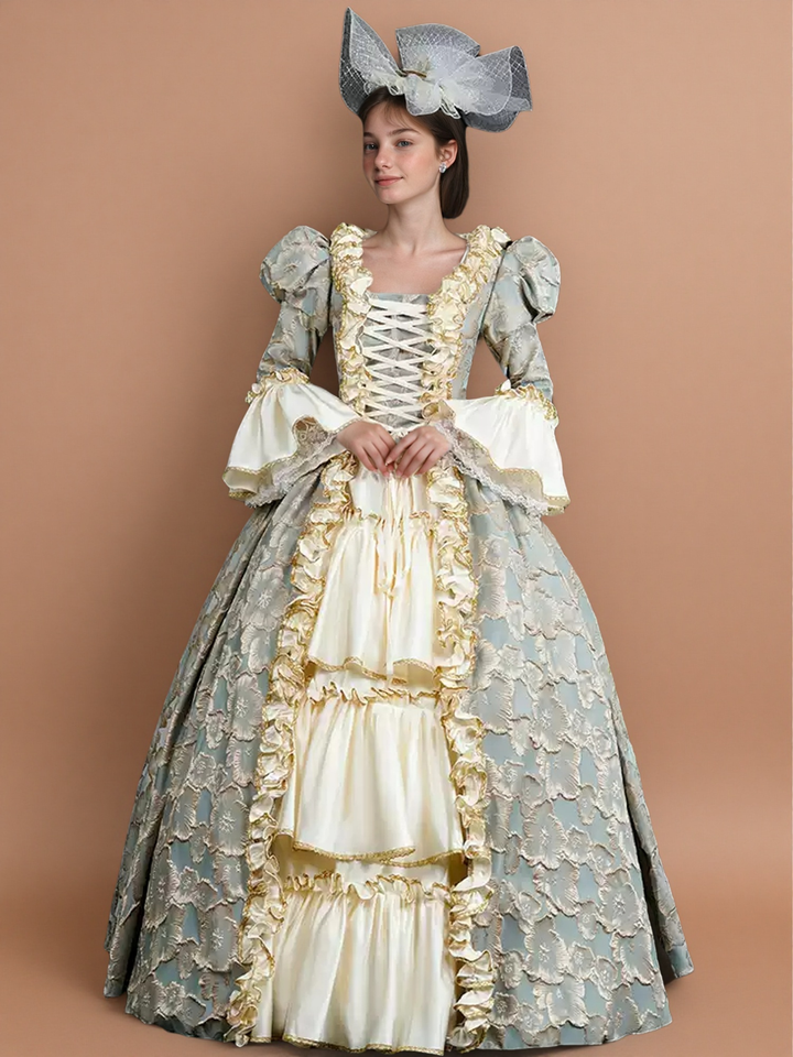 Rococo Pale Blue and Gold Embroidered Ball Gown – Vintage Court Dress with Lace-Up Bodice and Satin Skirt