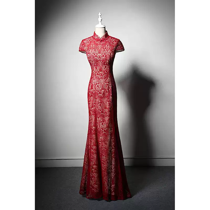 Elegant Red Lace Cheongsam Dress with Floral Embroidery - Formal Evening Gown with Fitted Mermaid Silhouette Plus Size