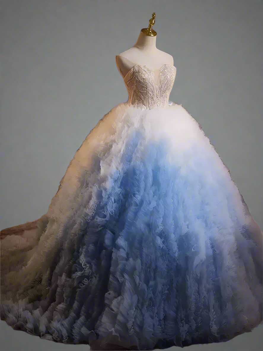 Gradient Blue Strapless Princess Wedding Dress with Sweetheart Neckline and Layered Tulle Ruffles Plus Size Size 6 / Light Blue Gradient Blue Strapless Princess Wedding Dress with Sweetheart Neckline and Layered Tulle Ruffles Plus Size Size 6 / Light Blue