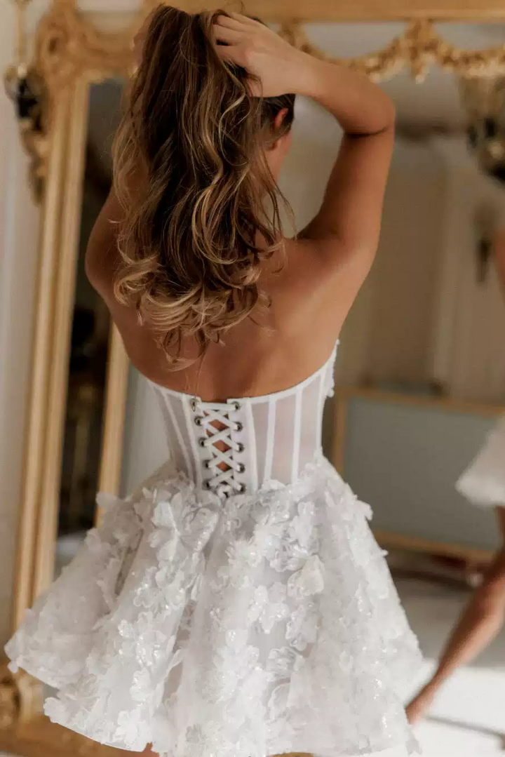 Short Bridal Wedding Dress with Corset Bodice – Strapless Wedding Dress with Sweetheart - Mini Wedding Dress Plus Size