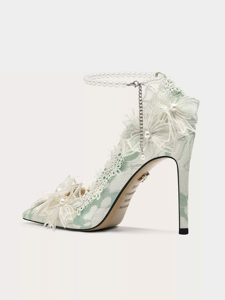 Lolita Vintage Pearl Chain Floral High Heels