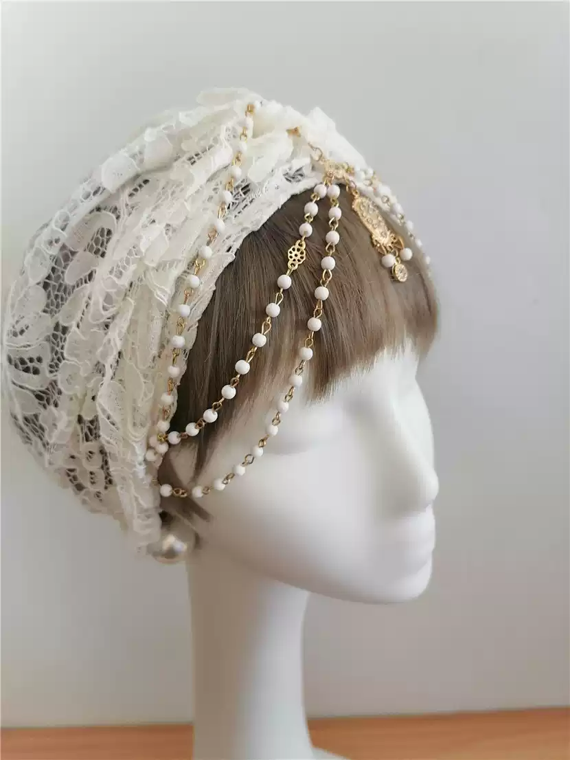 Exquisite Lace Bridal Hat with Pearl Accents - White Lace Bonnet