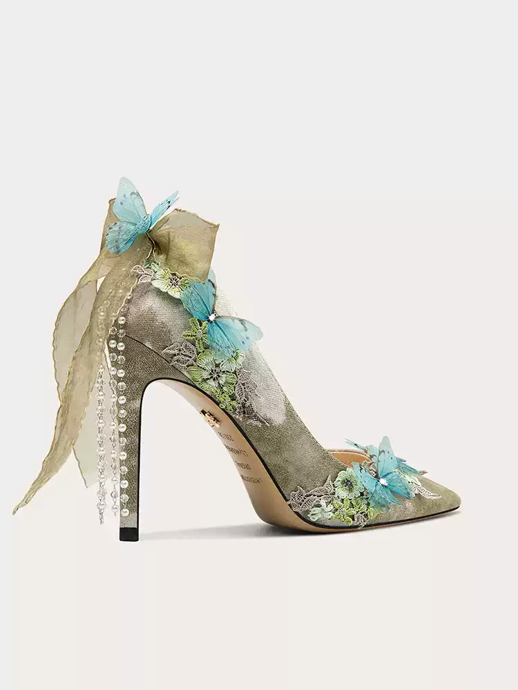 Lolita-Inspired Green Butterfly and Tassel High Heels for Fairy Aesthetic