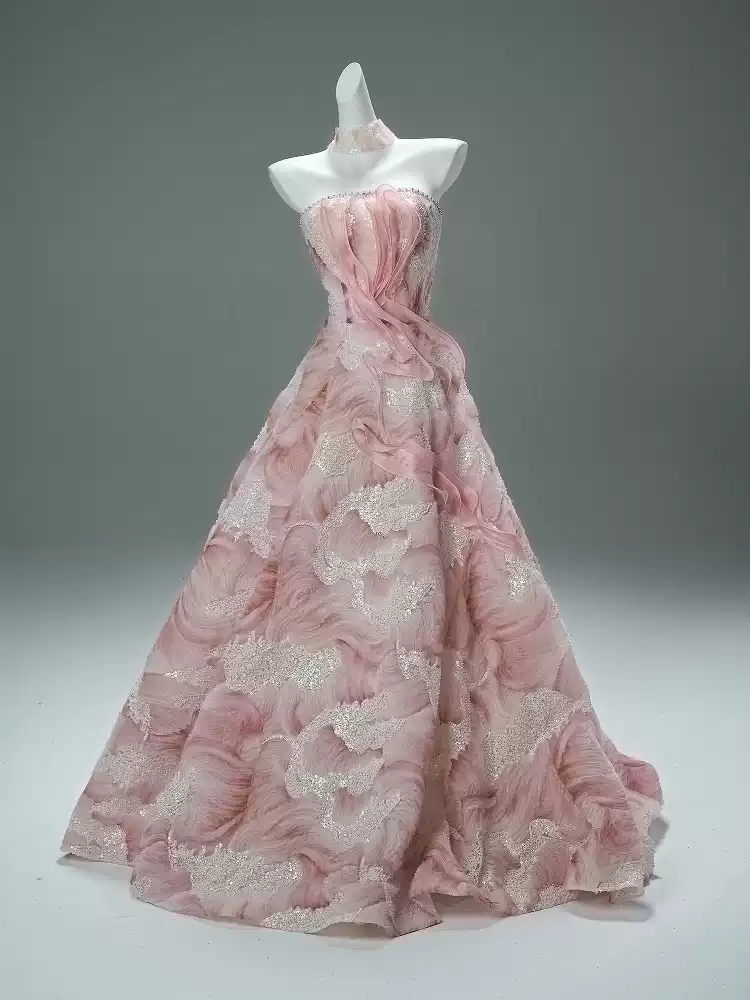 Pink Evening Dress Ball Gown with Glitter Floral Embroidery – Strapless Evening Gown with Sheer Neck Wrap Plus Size