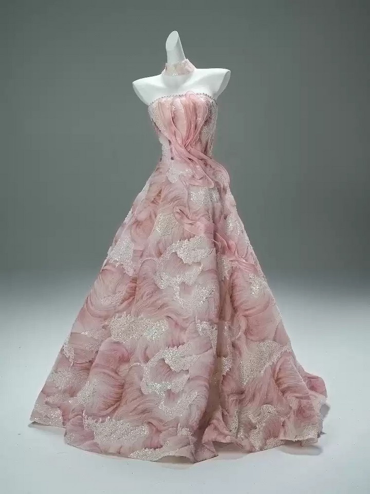 Pink Evening Dress Ball Gown with Glitter Floral Embroidery – Strapless Evening Gown with Sheer Neck Wrap Plus Size