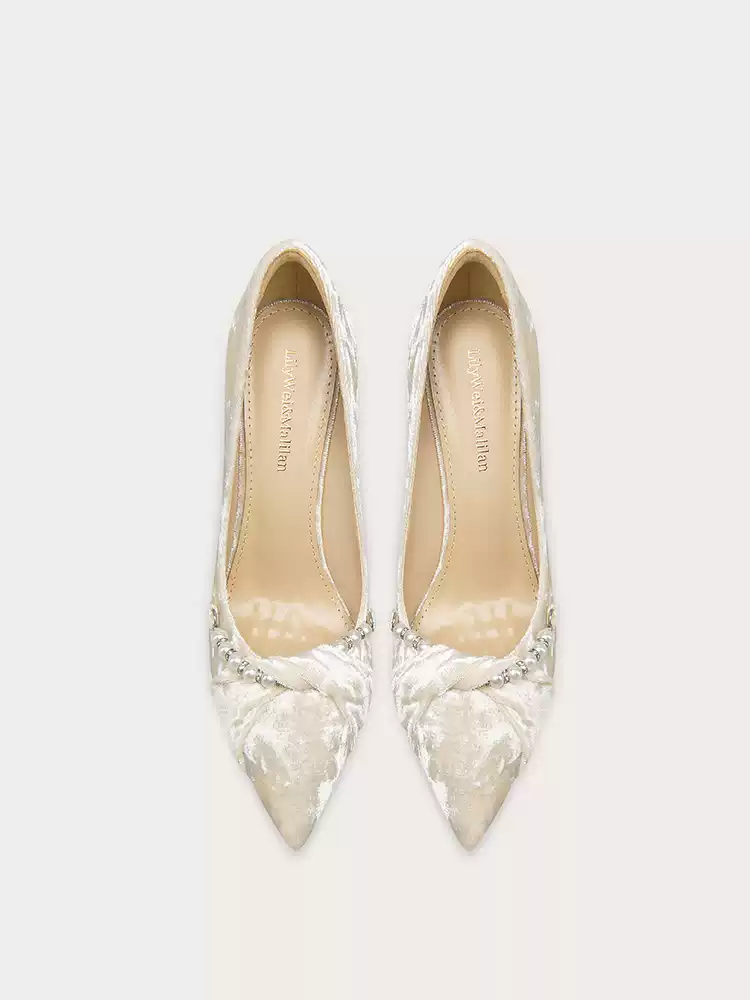 Vintage Inspired Velvet Pointed-Toe High Heels with Pearl Embellishment