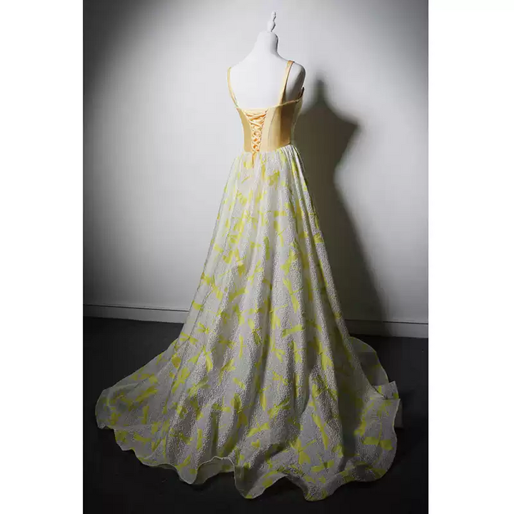 Yellow Evening Dress with Lace-Up Back - Yellow Evening Gown with Flowing Skirt - Yellow Wedding Guest Dress Plus Size