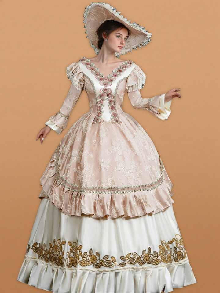 Rococo Pink and Cream Ball Gown Dress – Embroidered Floral Bodice with Frilled Sleeves and Wide Brim Hat