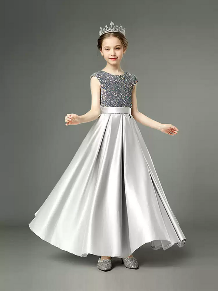 Grey Satin Flower Girl Dress with Glitter Bodice – Special Occasion Flower Girl Dress with Bow Plus Size