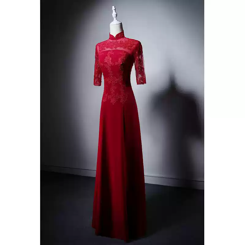 Red Cheongsam Dress with Lace Overlay – Elegant Qipao Dress with Sheer Sleeves and High Neck Custom Order Plus Size