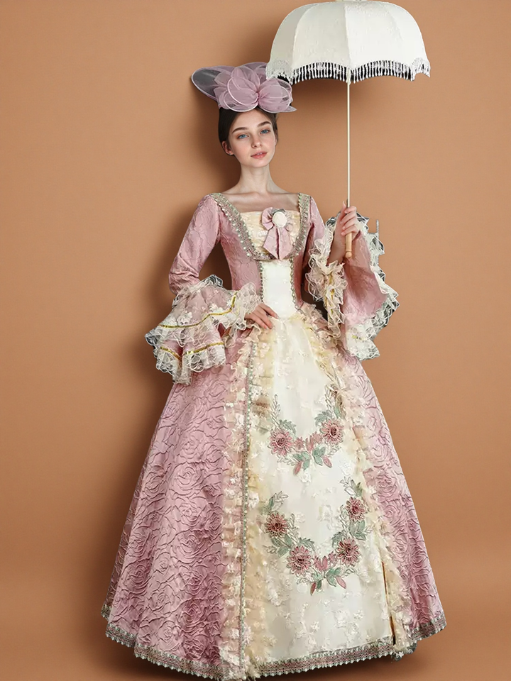 Marie Antoinette Rococo Style Dress in Pink Floral Brocade with Embroidered Front Panel – Baroque Wedding Gown Plus Size