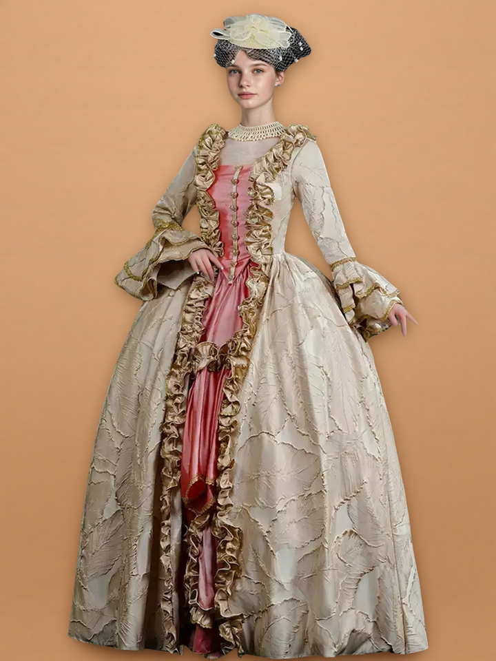 Marie Antoinette Rococo Style Dress in Cream and Rose Pink with Ruffle Trim and Lace Sleeves – Victorian Ball Gown Plus Size
