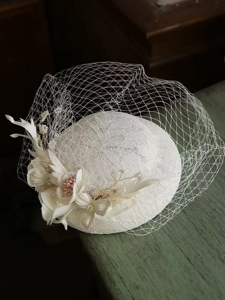 Vintage-Inspired Bridal White Fascinator Hat with Veil - White Wedding Hats