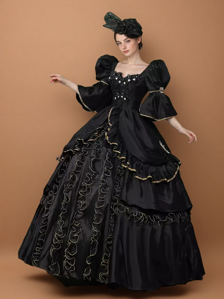 Gothic Black Rococo Ball Gown with Puff Sleeves – Vintage Lace Evening Dress with Gold Trim