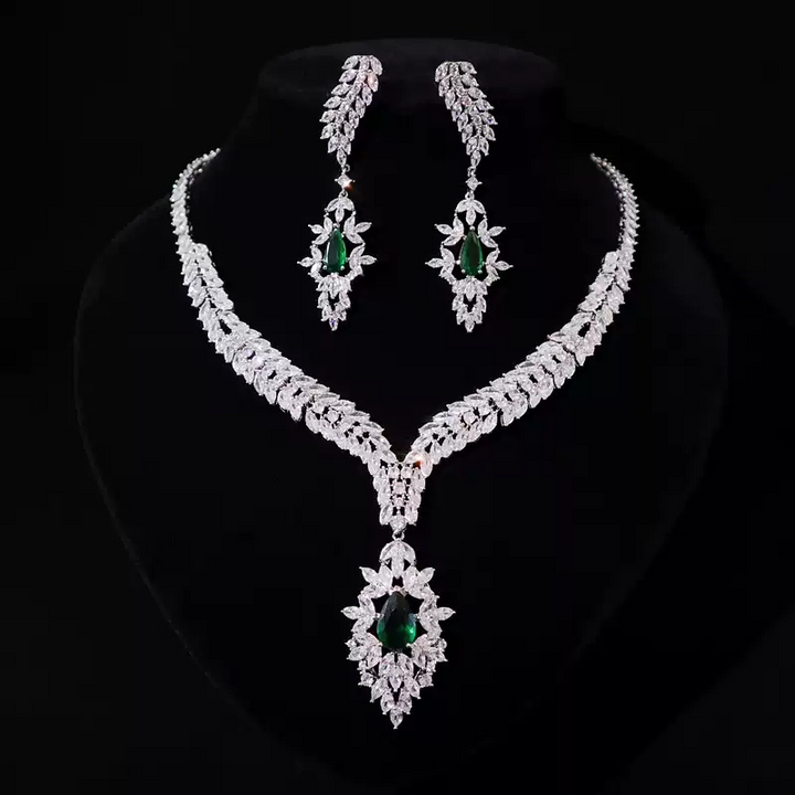 Vintage-Inspired Zircon Necklace and Earrings Set – Elegant Bridal Jewelry Set