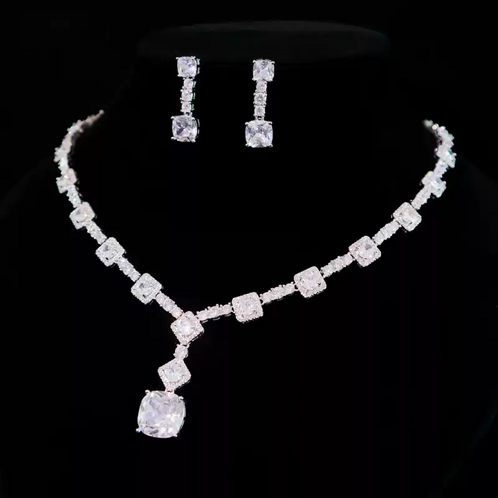 Vintage-Inspired Diamond and Zircon Necklace and Earrings Jewelry Set