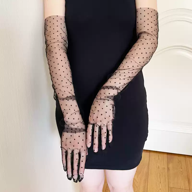 Chic Black Polka-Dot Mesh Long Gloves - Black Evening Gloves