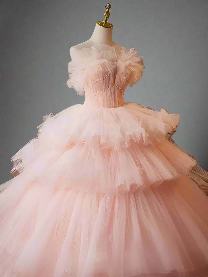 Pink Tiered Ball Gown - Corset Tulle Dress with Layered Ruffle Skirt – Layered Tulle Ruffle Dress Plus Size