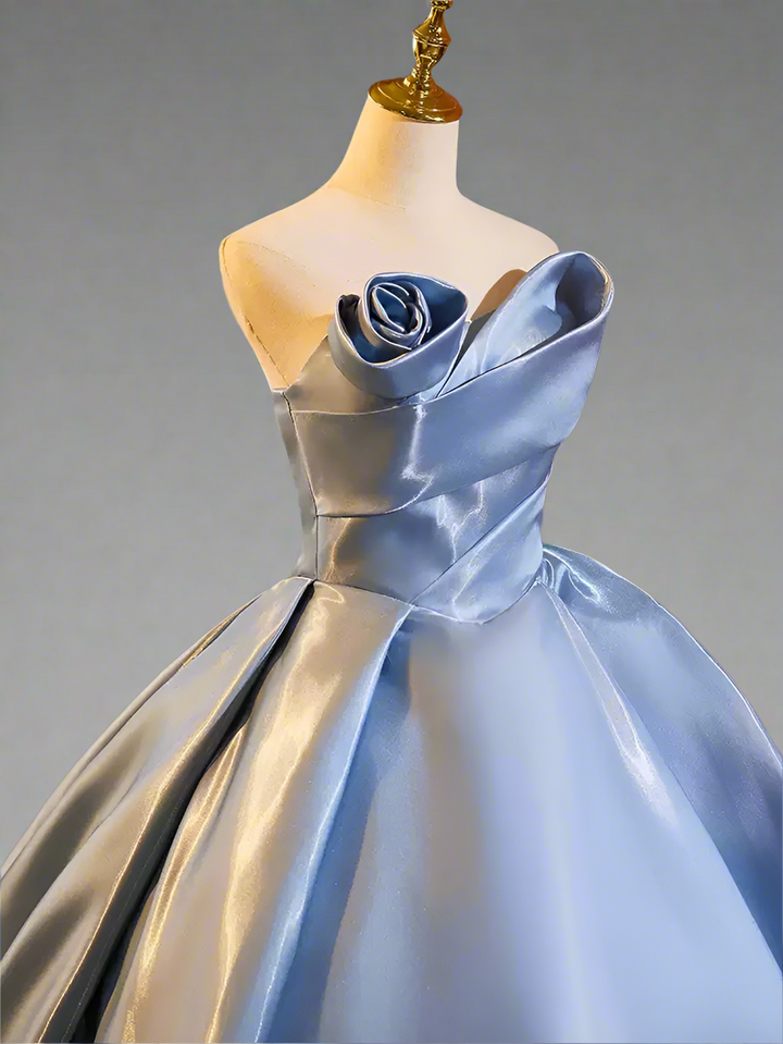 Blue Ball Gown with Corset Back - Satin Wedding Dress with Flower Accessories -  Strapless Corset Wedding Dress Plus Size