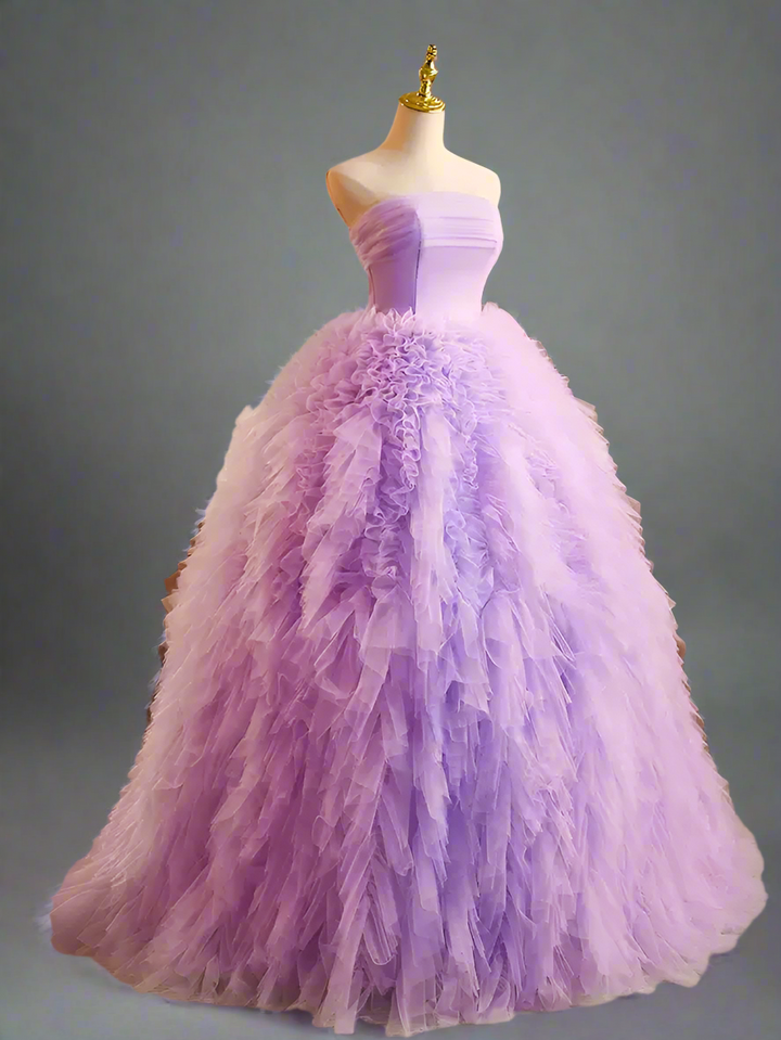 Purple Ball Gown with Layered Tulle Skirt - Corset Tulle Dress with Strapless - Layered Tulle Ruffle Dress Plus Size