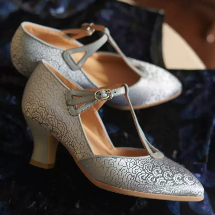 "Silver Petal Waltz" – Handmade Embroidered Satin T-Strap Heels