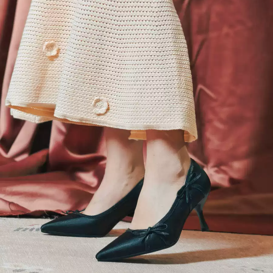 "Moonlight Muse" – Handmade Vintage Satin High Heels with Bow Detail