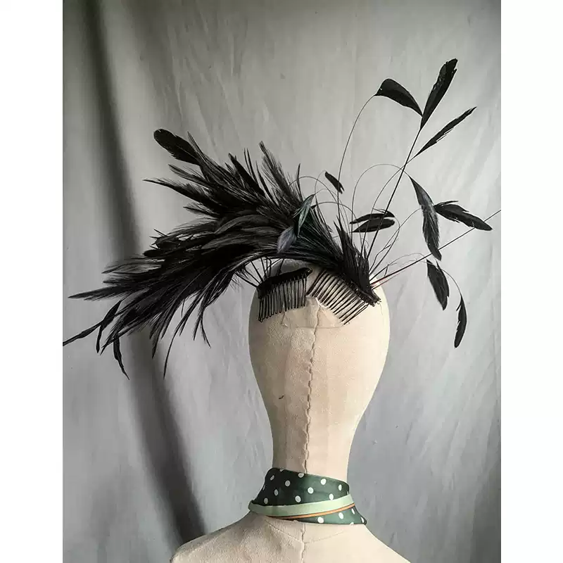 Elegant Black Fascinator with Dramatic Feather - Black Hat with Feather Details