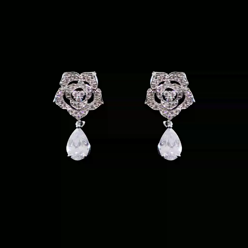 Silver Floral Zircon Jewelry Set - Bridal Necklace and Earrings Set