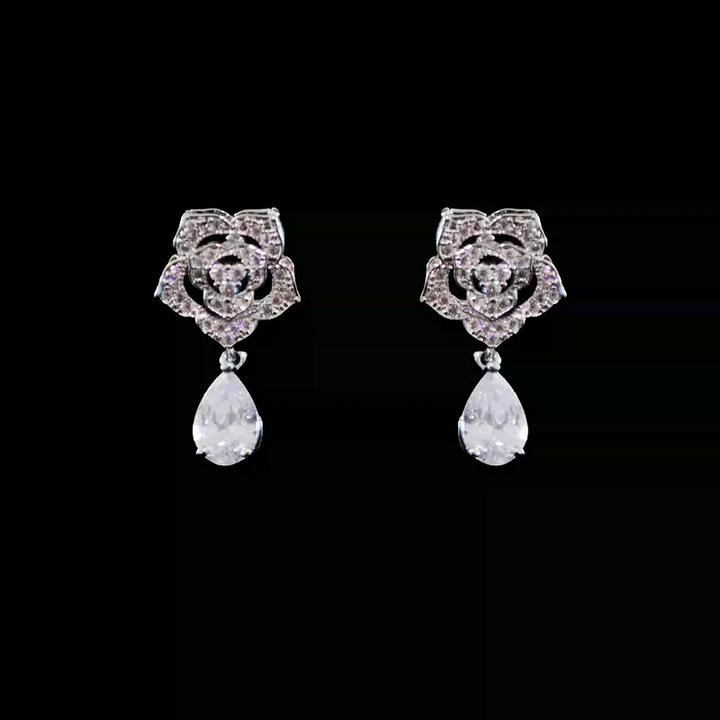 Silver Floral Zircon Jewelry Set - Bridal Necklace and Earrings Set