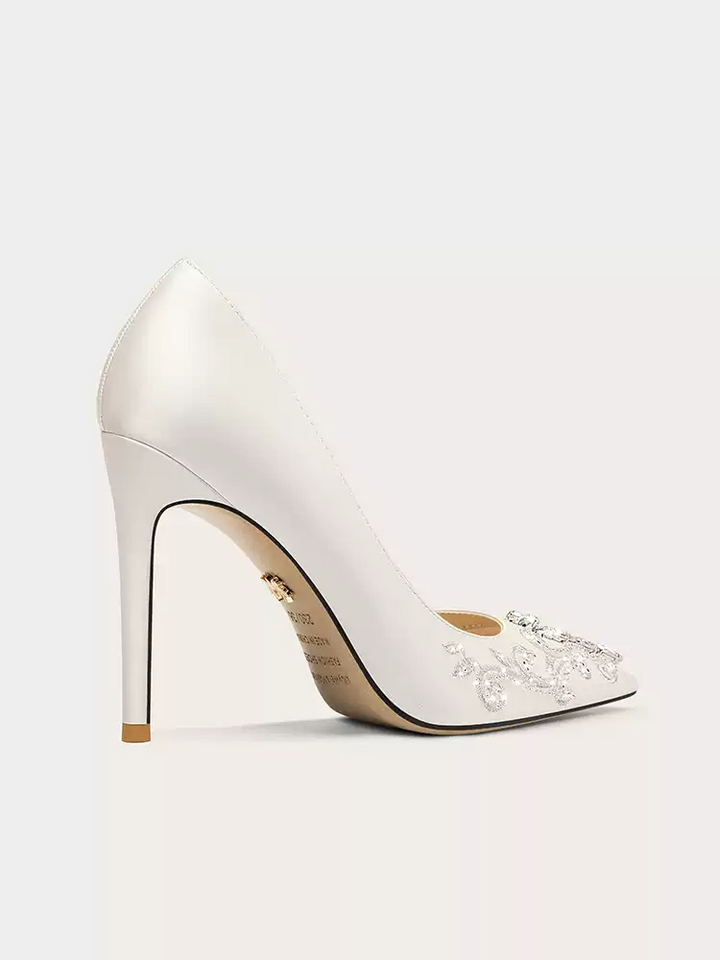 Bridal White Satin High Heels with Rhinestone Embellishments