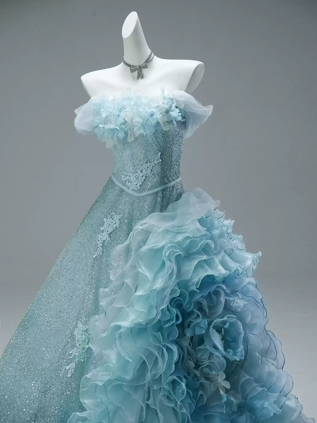 Blue Strapless Layered Tulle Ruffle Dress with Floral Appliqué – Sparkly Sequin Evening Dress with Corset Plus Size