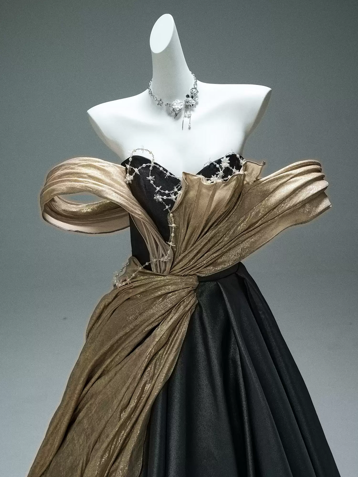 Black and Gold Evening Dress – Off the Shoulder Evening Gown with Draped Satin and Corset Back Plus Size