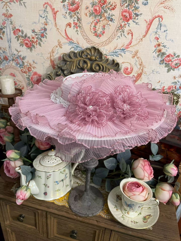 Vintage-Inspired Pink Lolita Hat with Delicate Floral Accents and Tulle