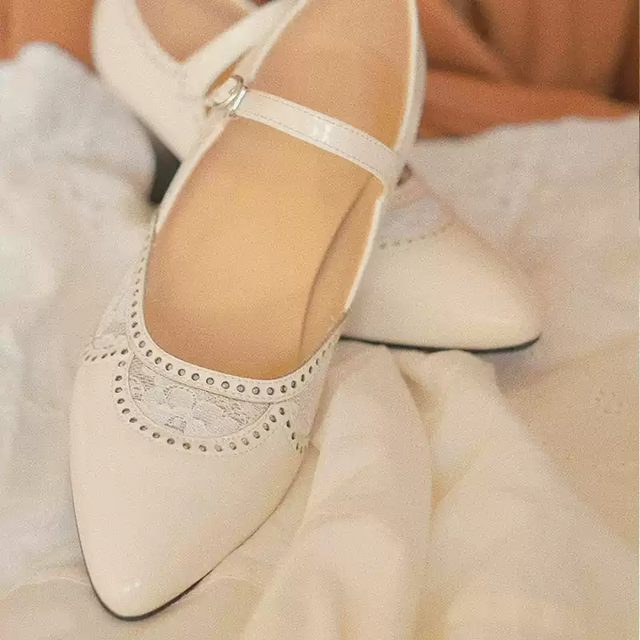 “Whispering Lace” – Handmade Vintage Mary Jane Shoes in Cowhide Leather with Embroidered Cutouts