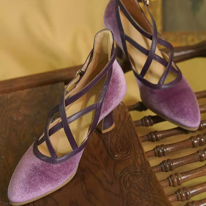 "Violet Waltz" – Handmade Velvet Cross-Strap Vintage Heeled Sandals