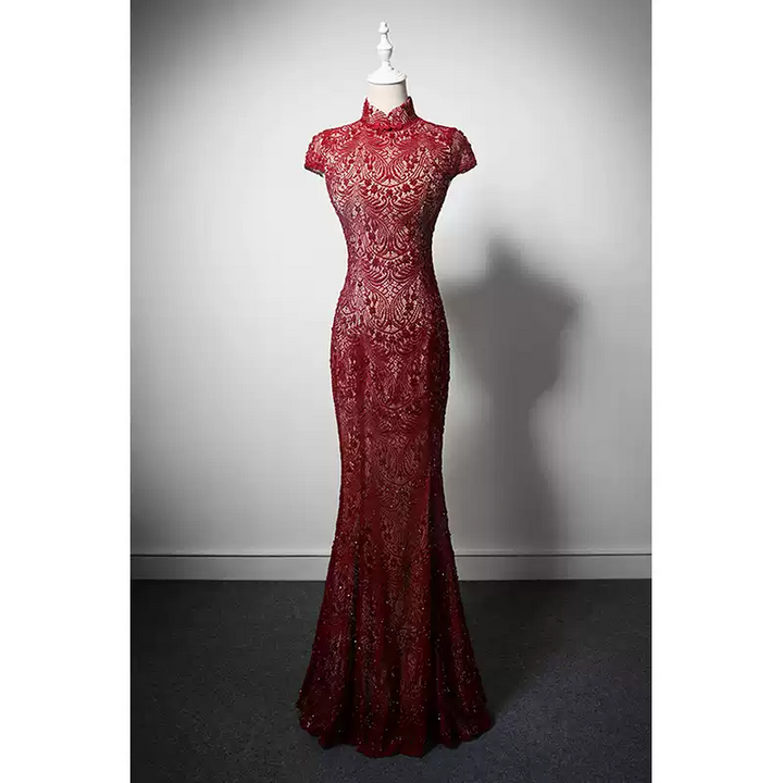 Red Cheongsam Dress with High Neck and Lace – Elegant Mermaid Evening Gown with Back Keyhole Custom Order Plus Size