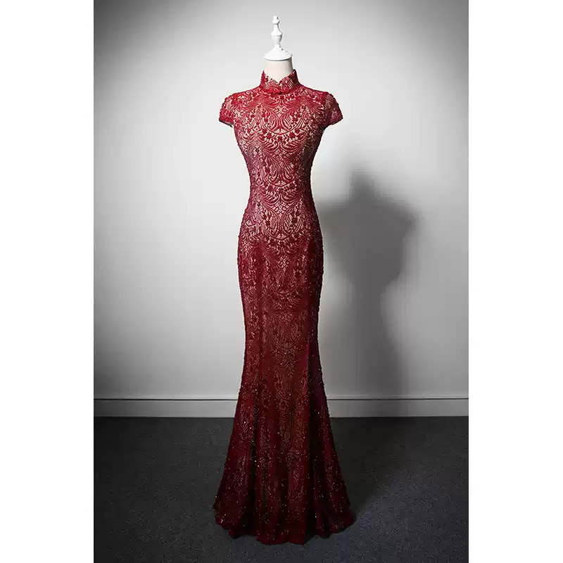 red high neck mermaid prom dress Red Cheongsam Dress with High Neck and Lace – Elegant Mermaid Evening Gown with Back Keyhole Custom Order Plus Size Size 2 / Red