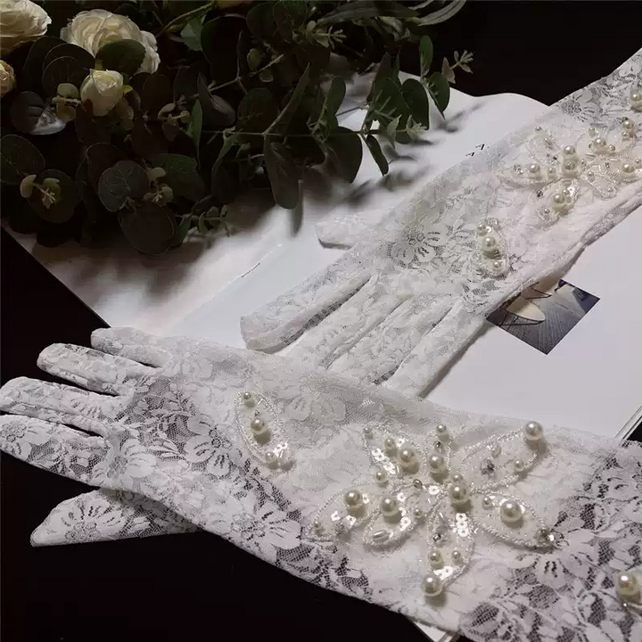 Luxurious Long Lace Bridal Gloves with Pearl Detailing and Floral