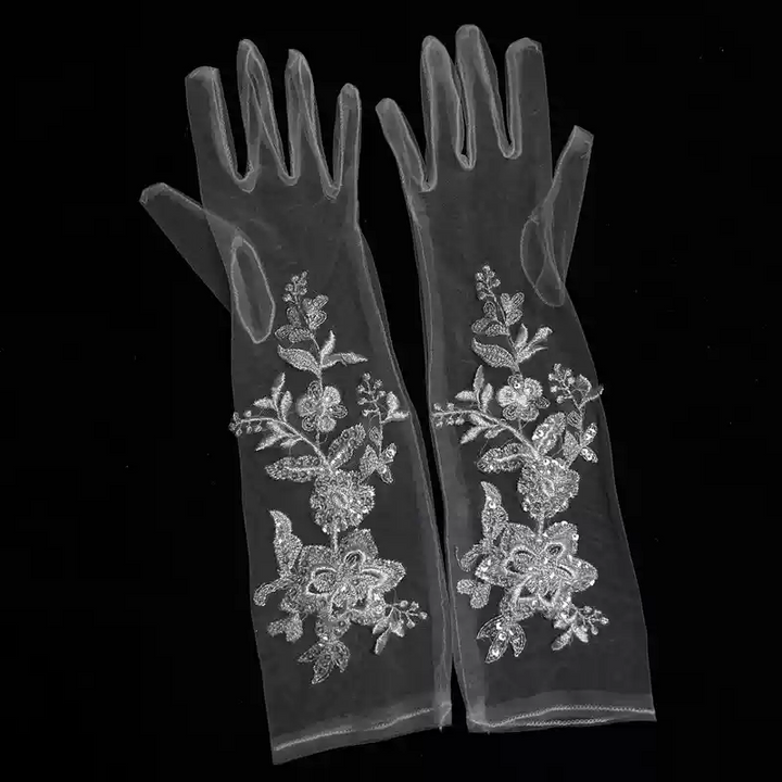 Elegant White Floral Embroidered Tulle Bridal Gloves