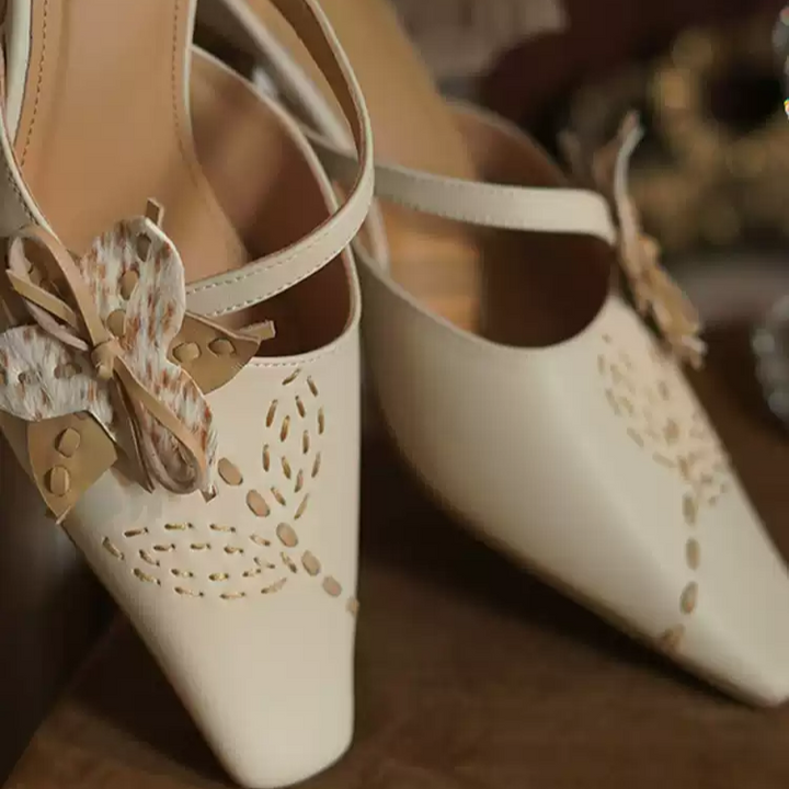 "Whispers of Blossom" – Handmade Vintage Bow-Embellished Leather Mules