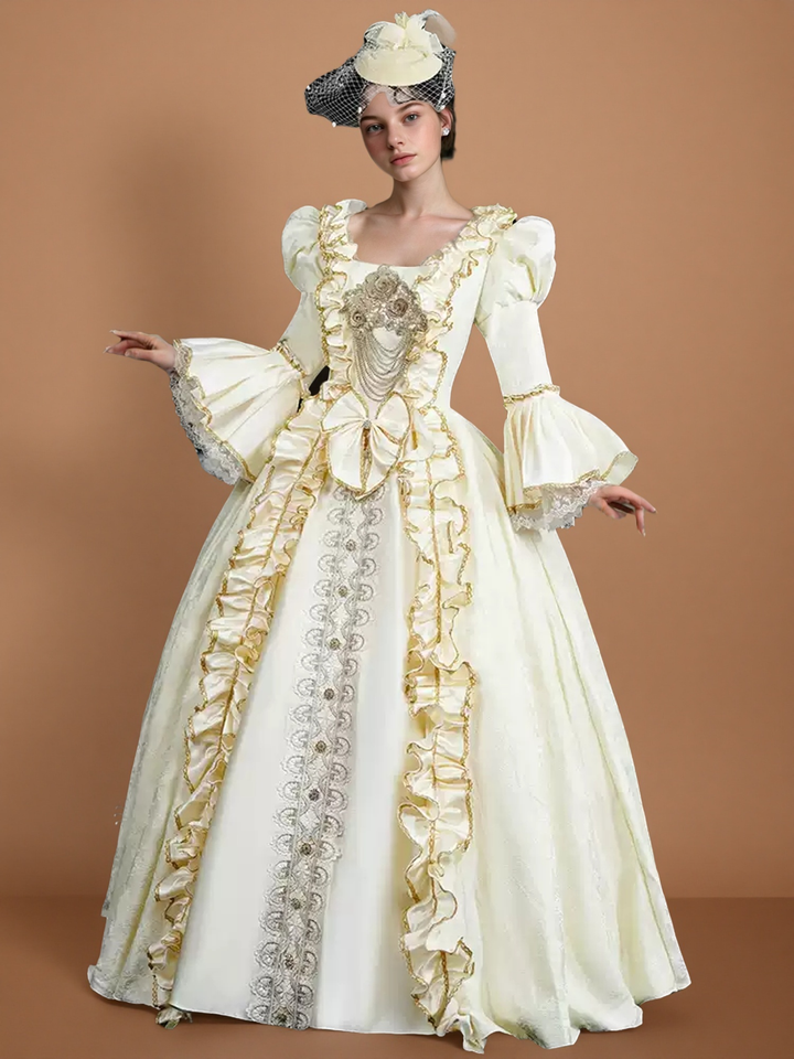 Rococo Cream Ball Gown with Ruffle Trim and Embroidered Bodice – Lace-Up Rococo Costume Dress