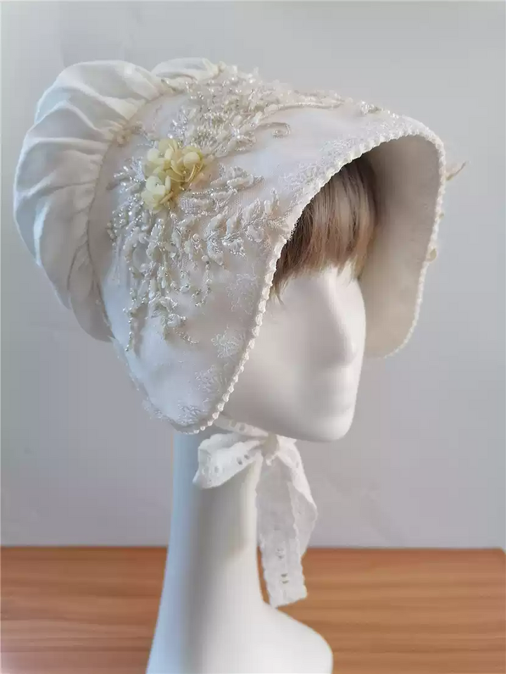 Elegant White Lolita Hat with Floral Embellishments - Lolita Style Floral Hat