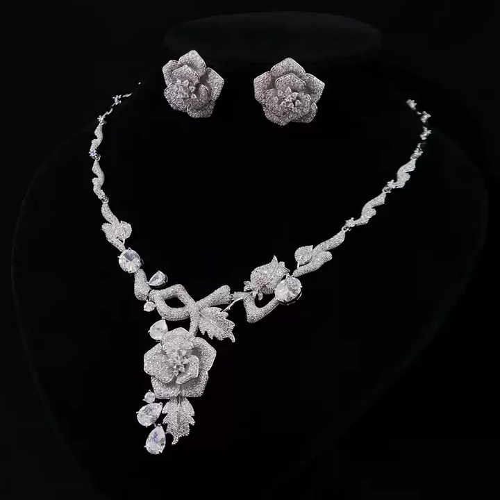 Rose Floral Rhinestone Necklace and Earrings Set – Vintage-Inspired Bridal Jewelry Set