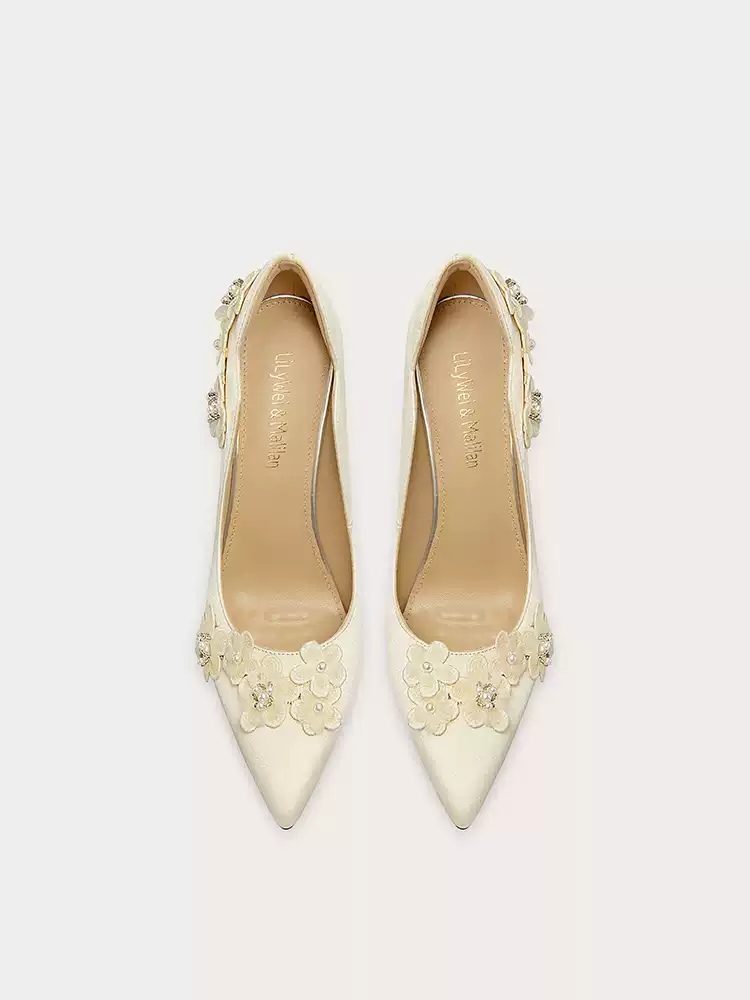 Bridal Champagne and Silver High Heels - Elegant Pearl-Embellished Design