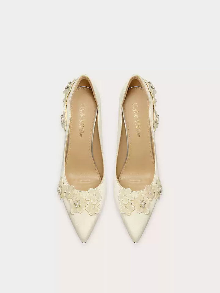 Bridal Champagne and Silver High Heels - Elegant Pearl-Embellished Design